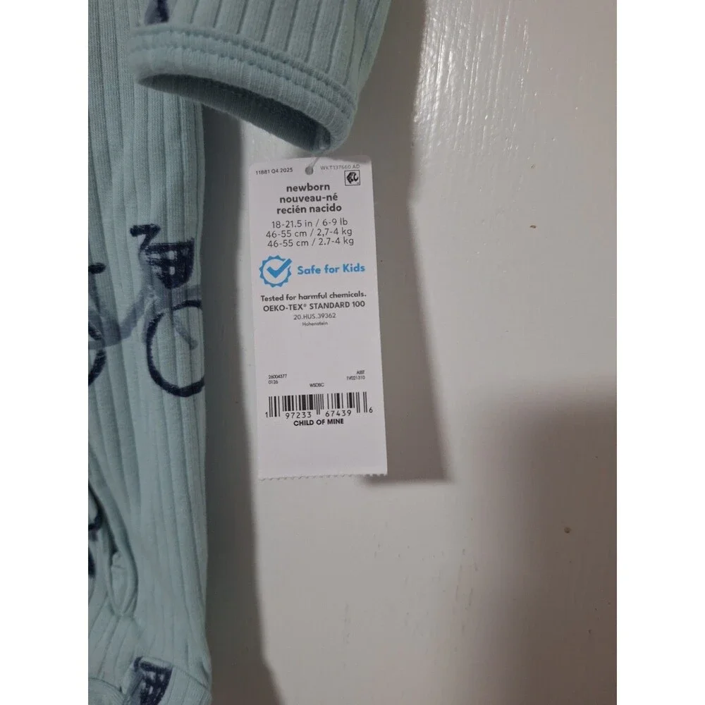 Carter's Child of Mine Newborn Footed One-Piece Sleeper Blue Bicycle Print NWT